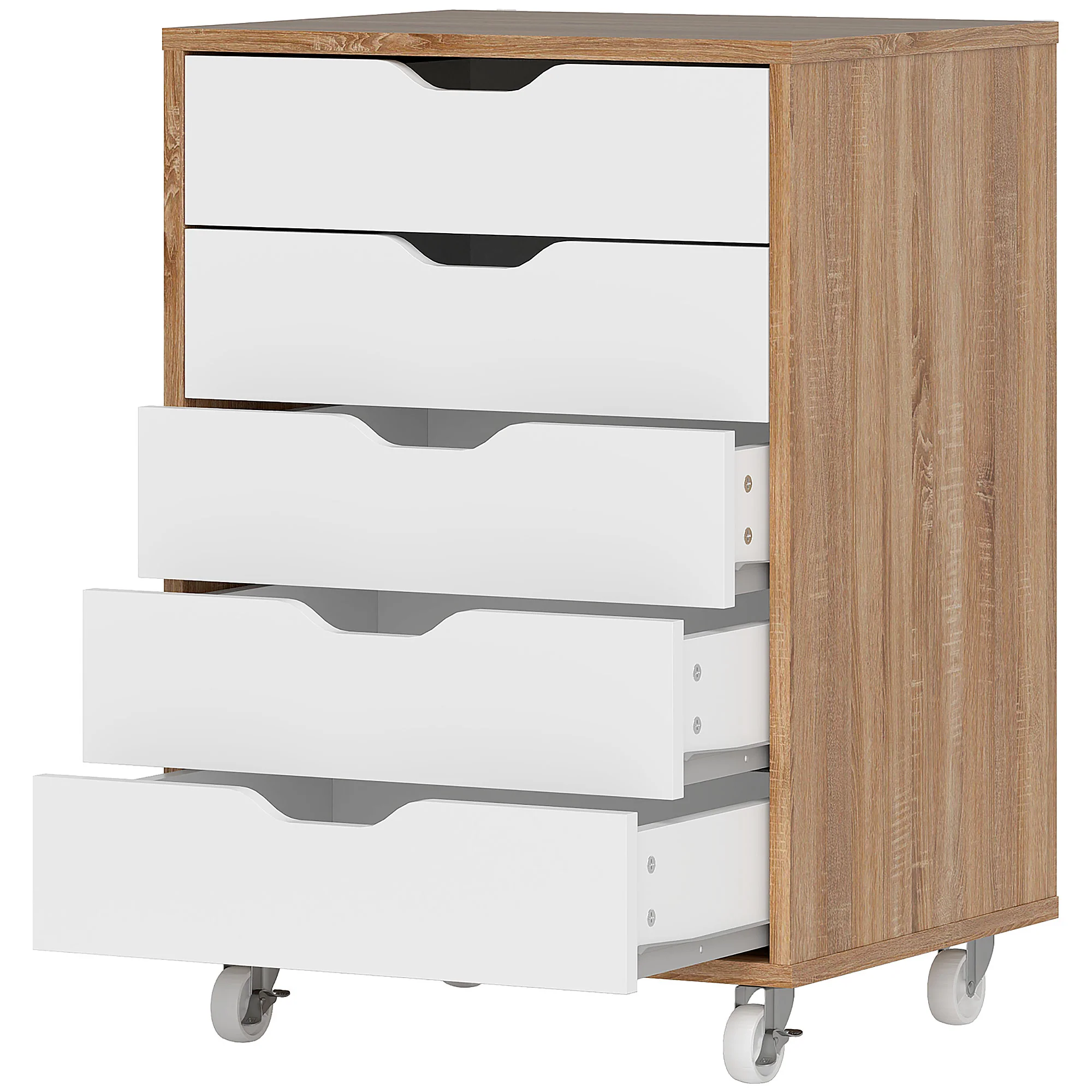 5-drawer Vertical Filing Cabinet, Mobile Office Cabinet on Wheels for Study, Office, Oak