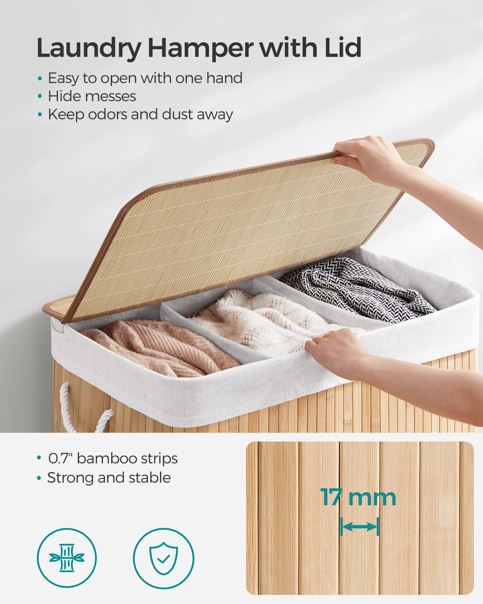 Natural Bamboo Laundry Hamper with Poly-Cotton Fabric & Metal Frame – 23.6