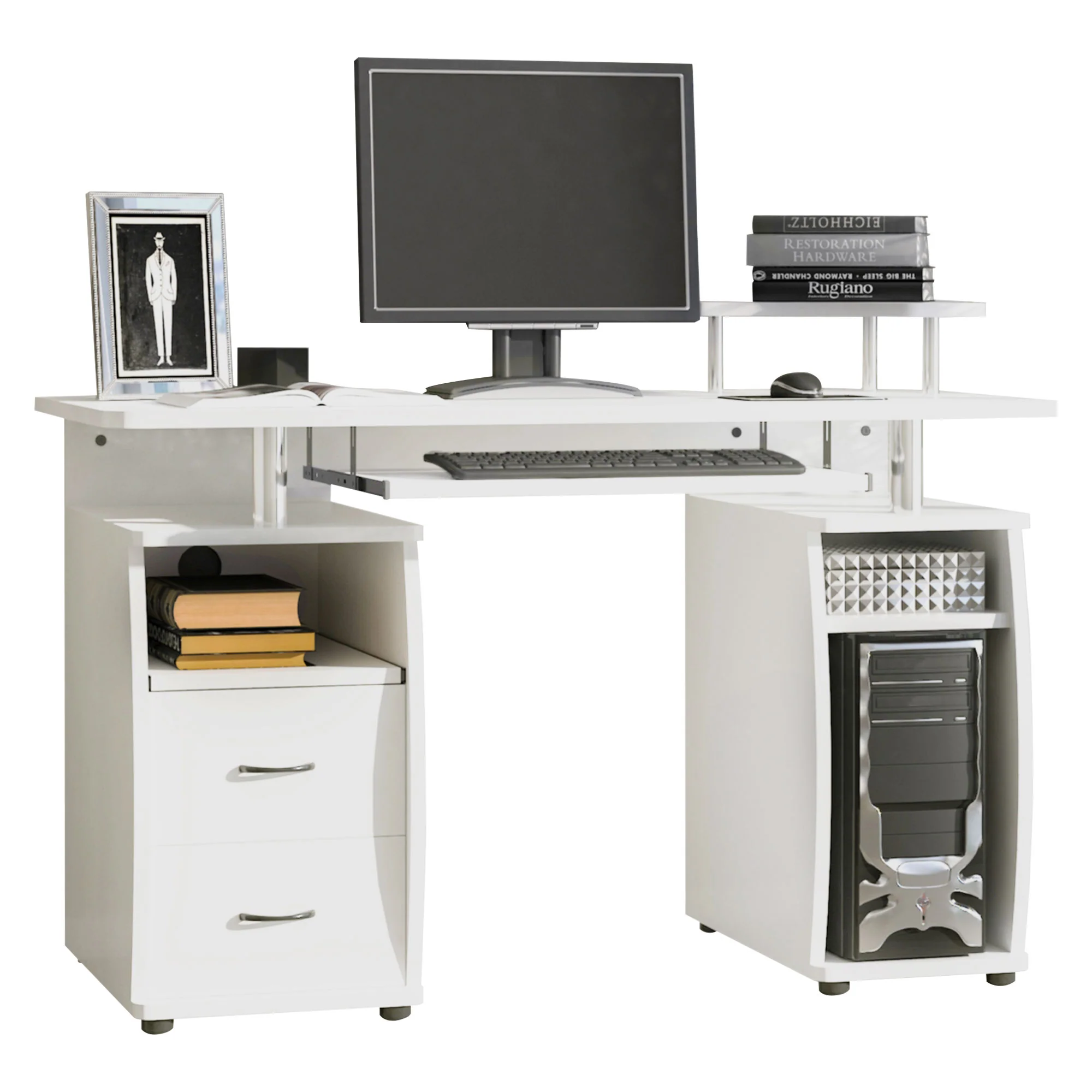 Computer Desk Office PC Table Workstation with Keyboard Tray, Sliding Scanner Shelf, White