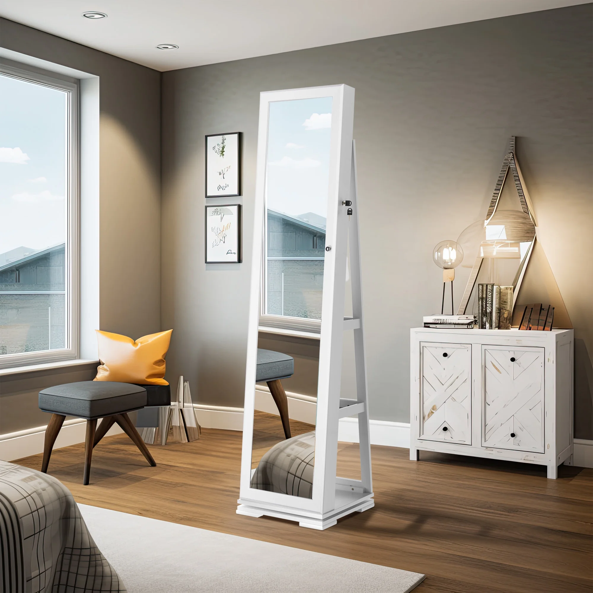 2026 Dextrus Mirror Jewelry Cabinet 360° Rotating Jewelry Armoire Storage Box w/ Full Length Mirror Jewelry Organizer - White