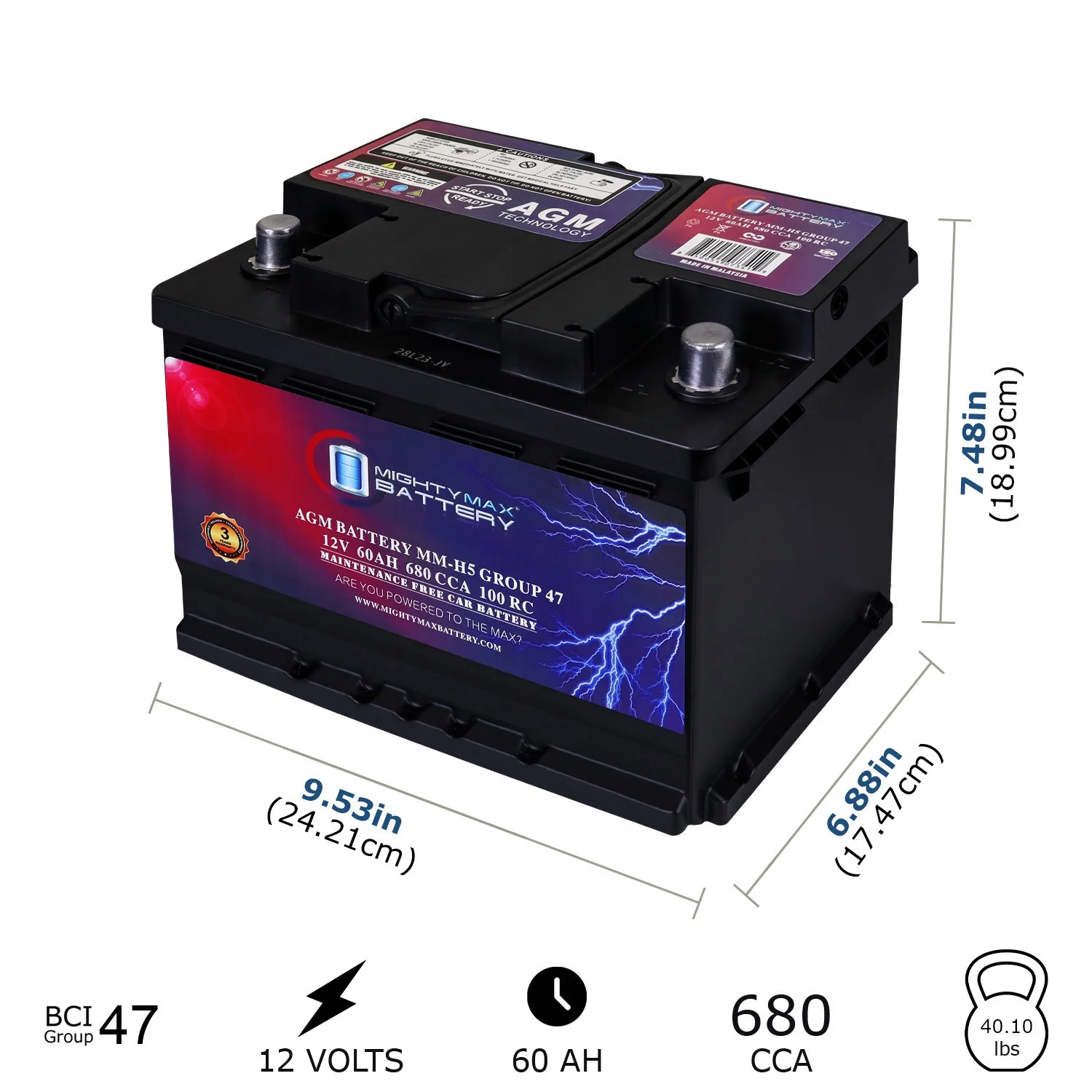 MM-H5 Group 47 12V 60AH 100RC 680CCA Replacement Battery Compatible with Hyundai Accent 14-17