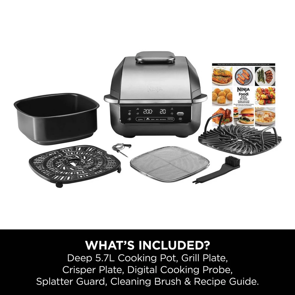 2026 Ninja EG351UK 5-in-1 Grill and Air Fryer 5.7L with Digital Cooking Probe - Black and Silver