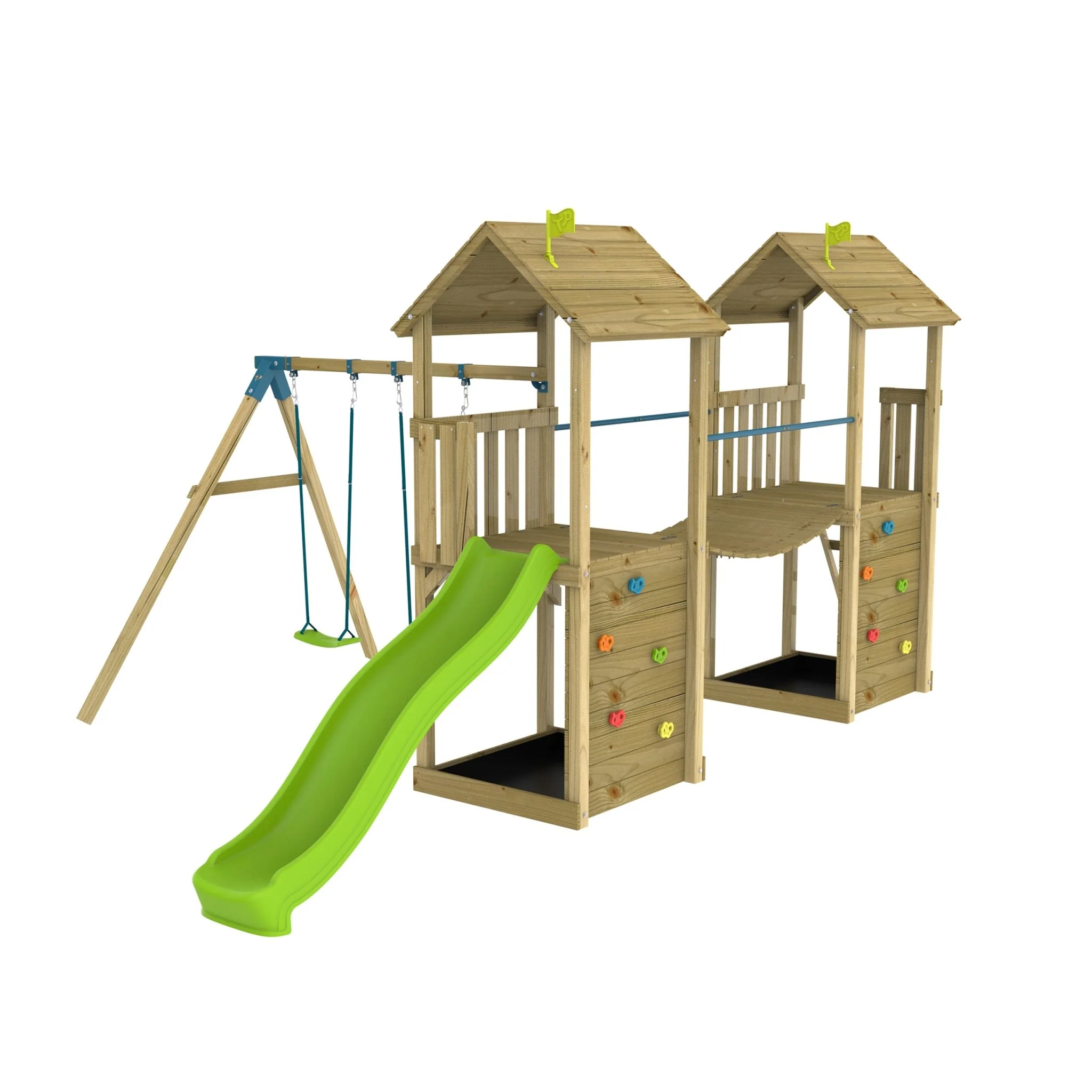 TP Skywood Wooden Tower Climbing Frame with Ripple Slide, Sky Bridge, Additional Play Tower & Double Swing Arm - FSC® certified