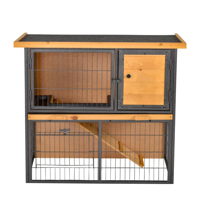 Pawhut Rabbit Hutch Light Yellow & Black for 2-4 Rabbits