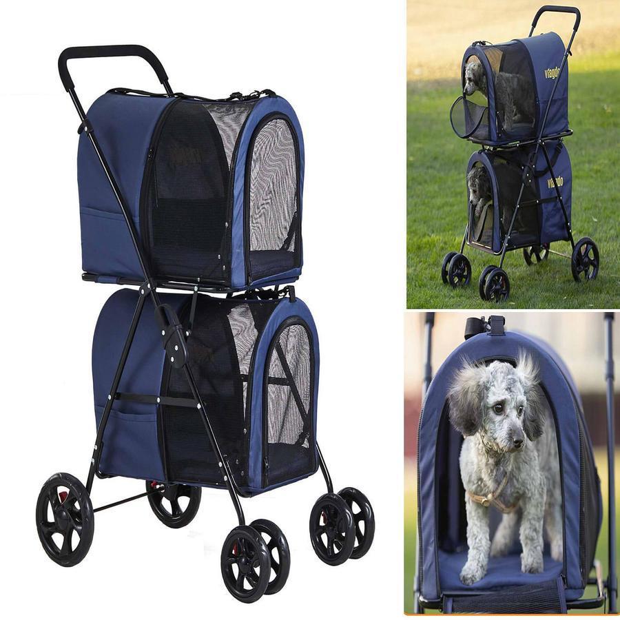 42 Double Pet Stroller for 2 Dogs & Cats,4 Wheels Dog Strollers Folding Travel Cat Stroller with Suspension System,Navy Blue