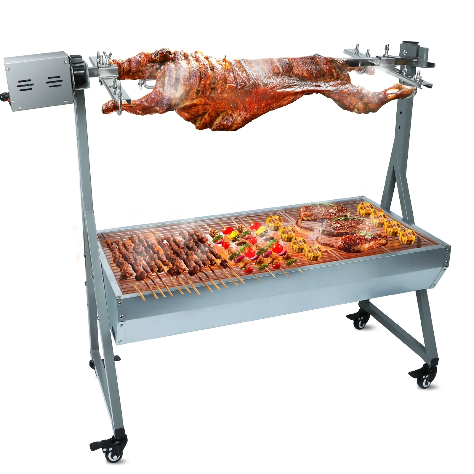 Rocita Rotisserie Grill Roaster, 132lbs Charcoal Grill Outdoor BBQ Grill Pig Lamb Spit Roaster with 25W Motor and Hand Crank
