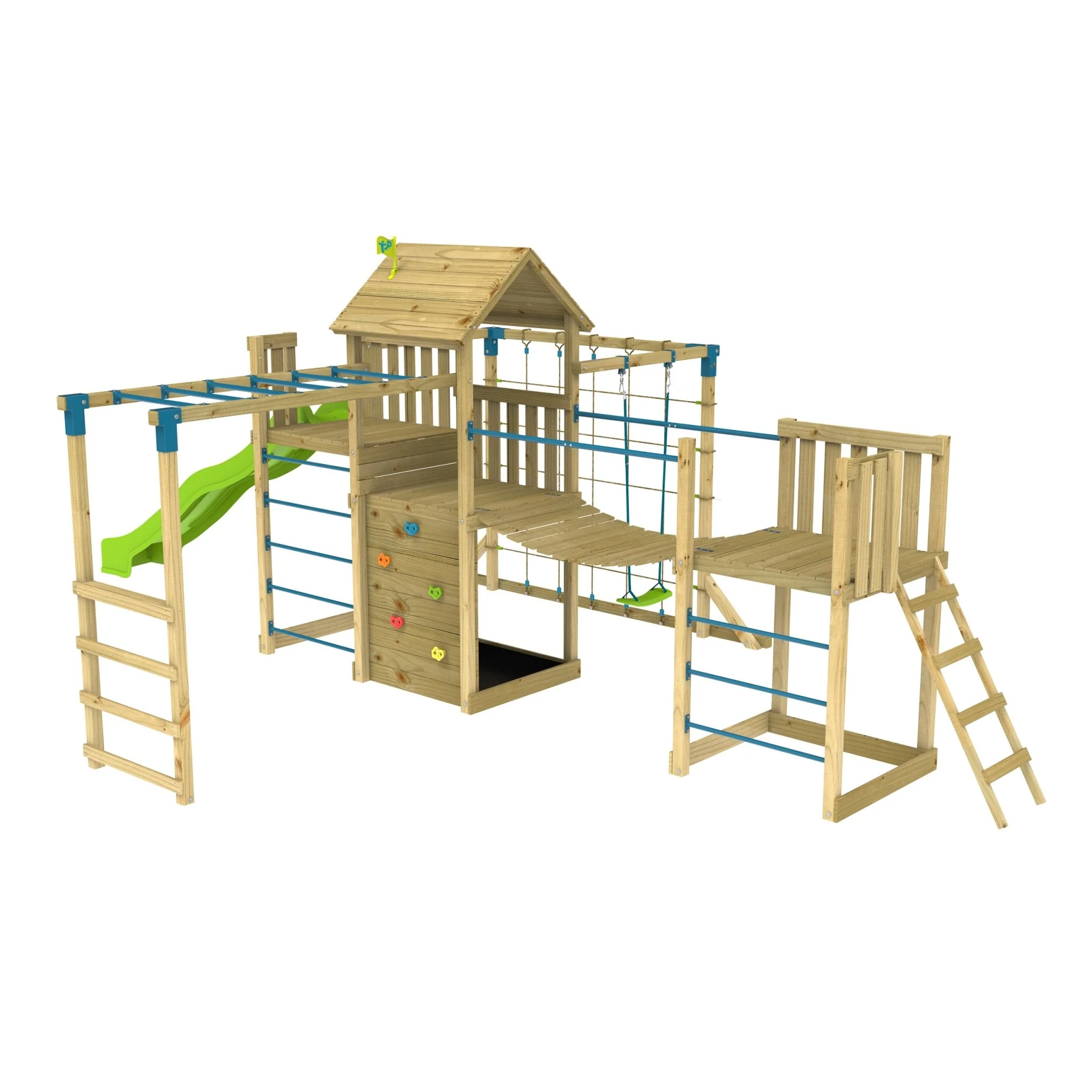 TP Skywood Wooden Tower Climbing Frame with Super Wavy Slide, Sky Deck, Monkey Bars, Skyline with Rapide Swing Seat & extra play tower - FSC® certified