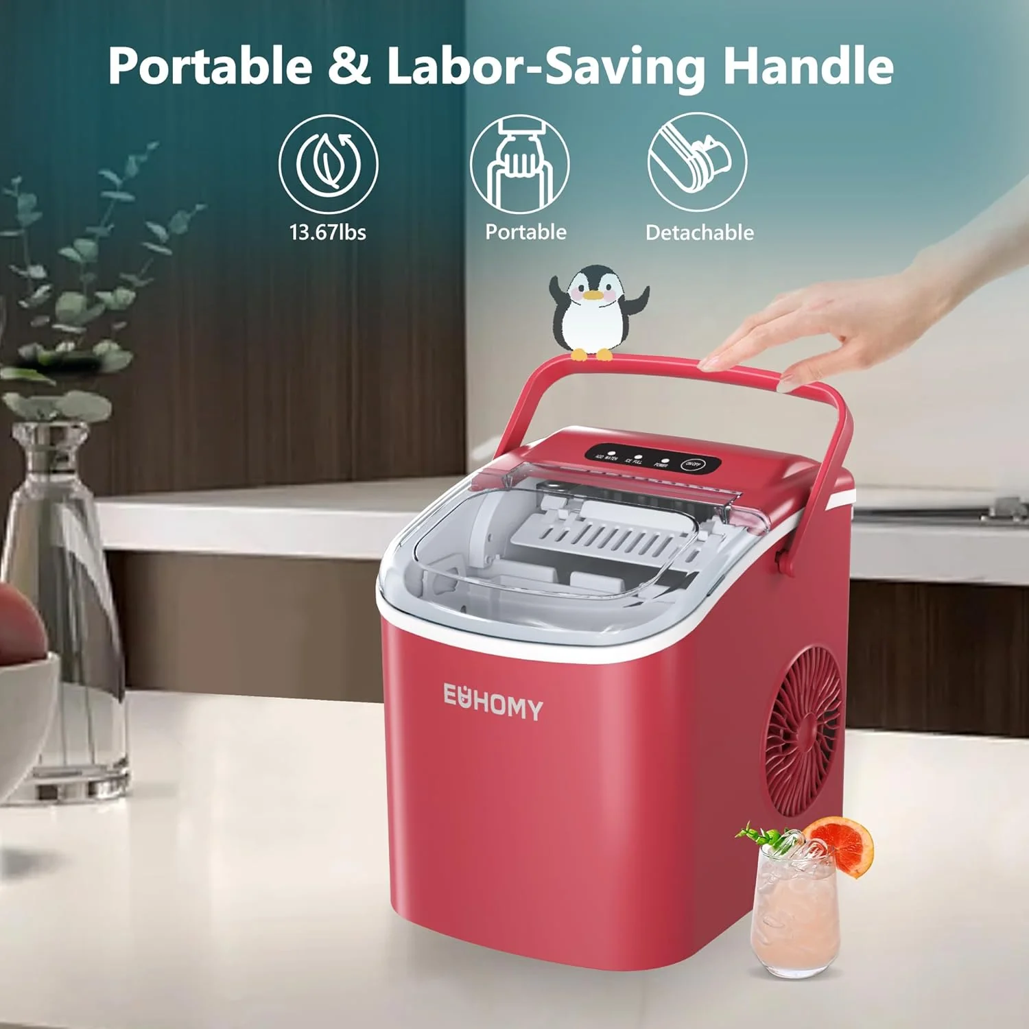2026 EUHOMY 12'' Red Bullet Ice Portable Self-Cleaning Ice Maker with Handle