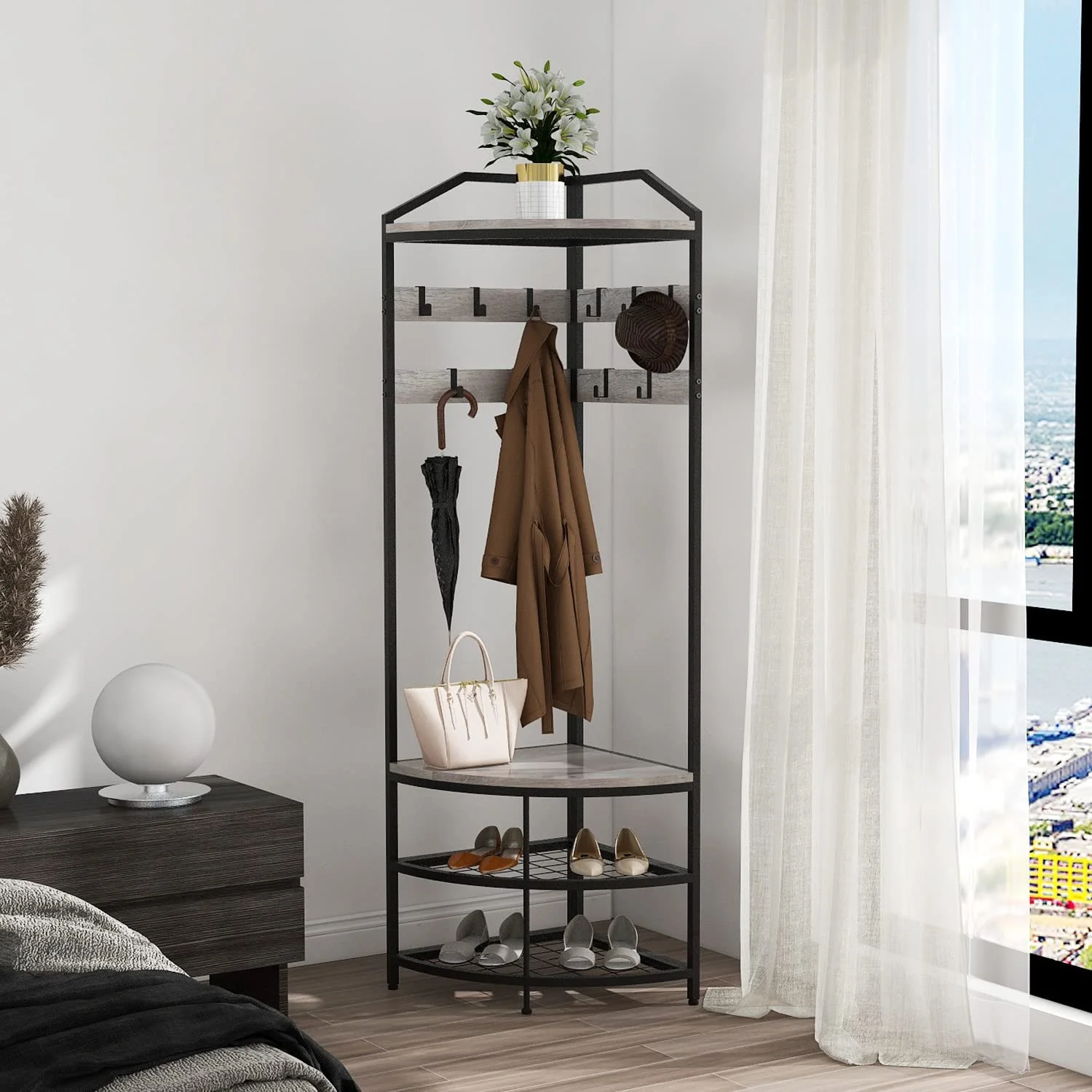 2026 DONFU Grey Corner Hall Tree with Shoe Bench Entryway Coat Rack with 10 Metal Movable Hooks Rustic Farmhouse Freestanding Clothes Rack Shoes Shelf Organizer for Home Office Bedroom (Greige)