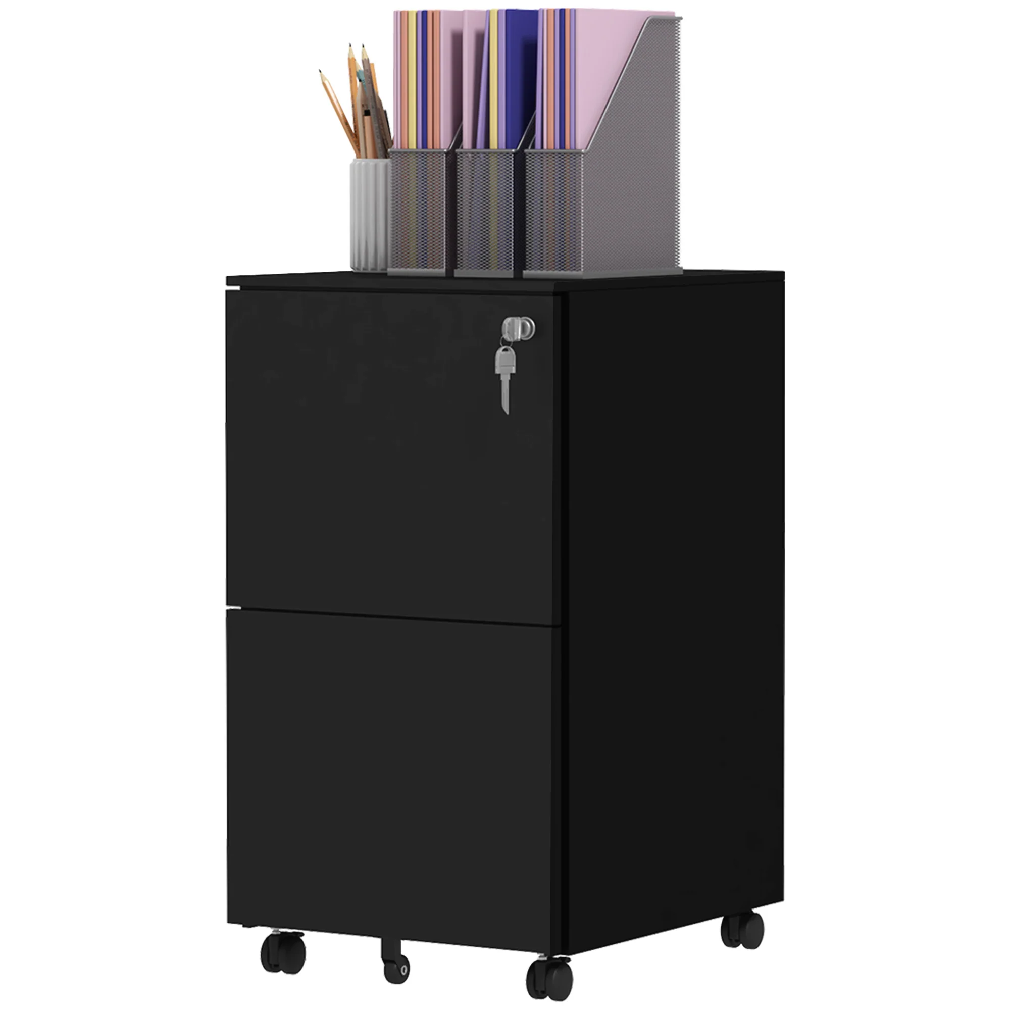 2-Drawer Steel Mobile File Cabinet with Lock, Under-Desk Office Cabinet, Black