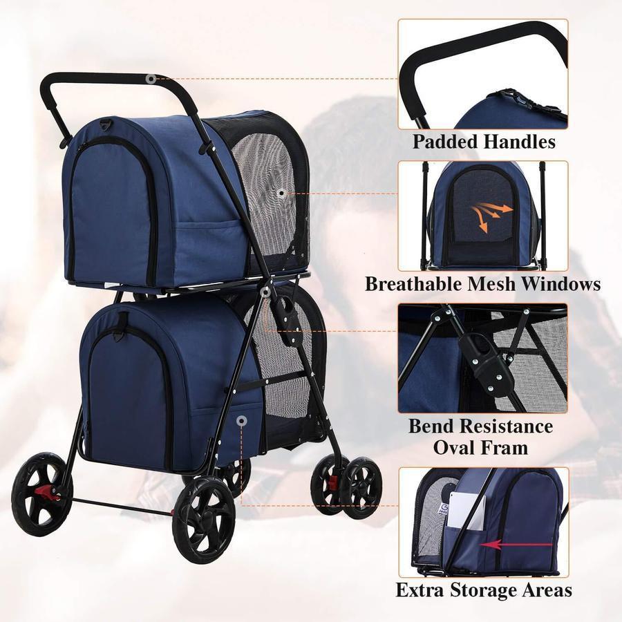 42 Double Pet Stroller for 2 Dogs & Cats,4 Wheels Dog Strollers Folding Travel Cat Stroller with Suspension System,Navy Blue