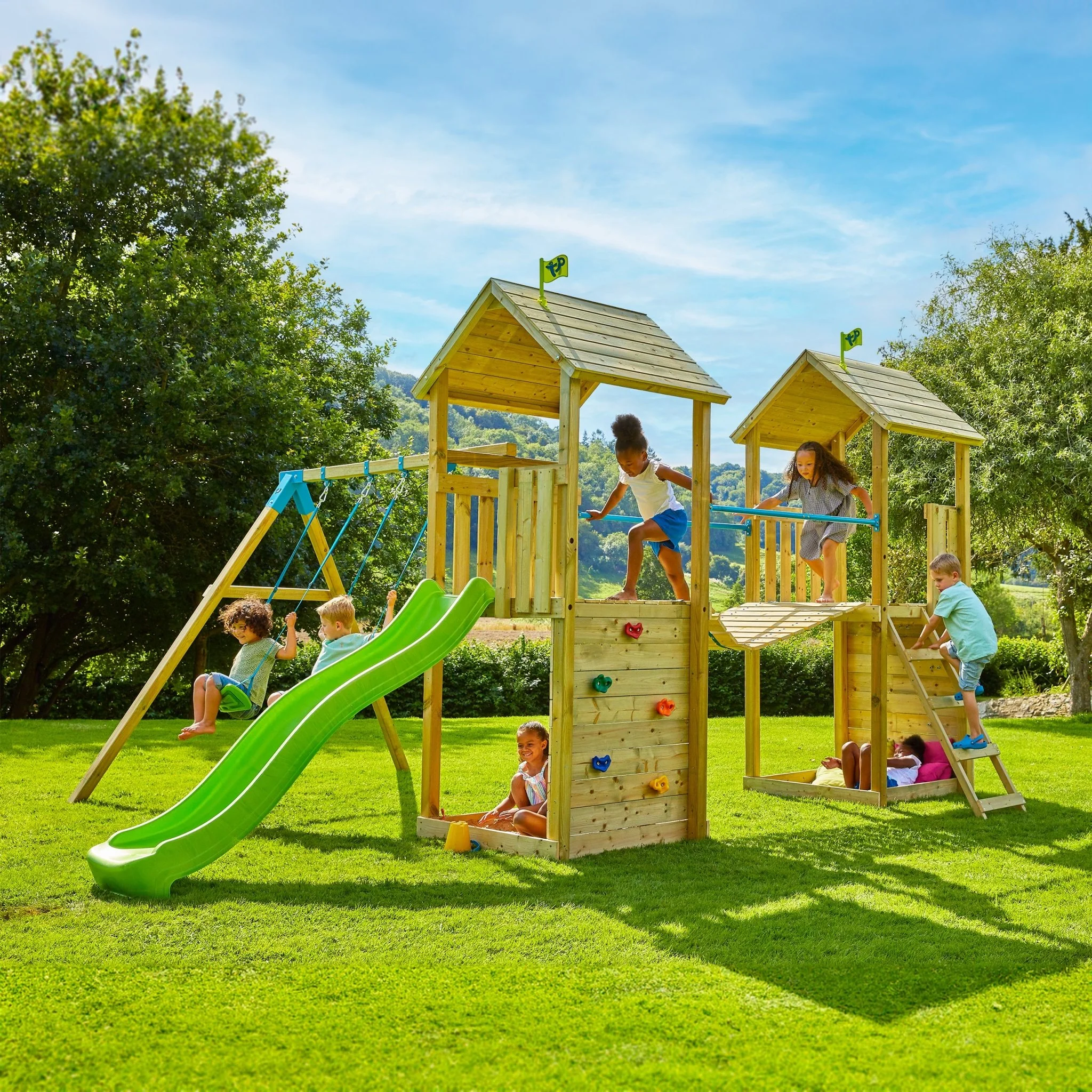 TP Skywood Wooden Tower Climbing Frame with Ripple Slide, Sky Bridge, Additional Play Tower & Double Swing Arm - FSC® certified