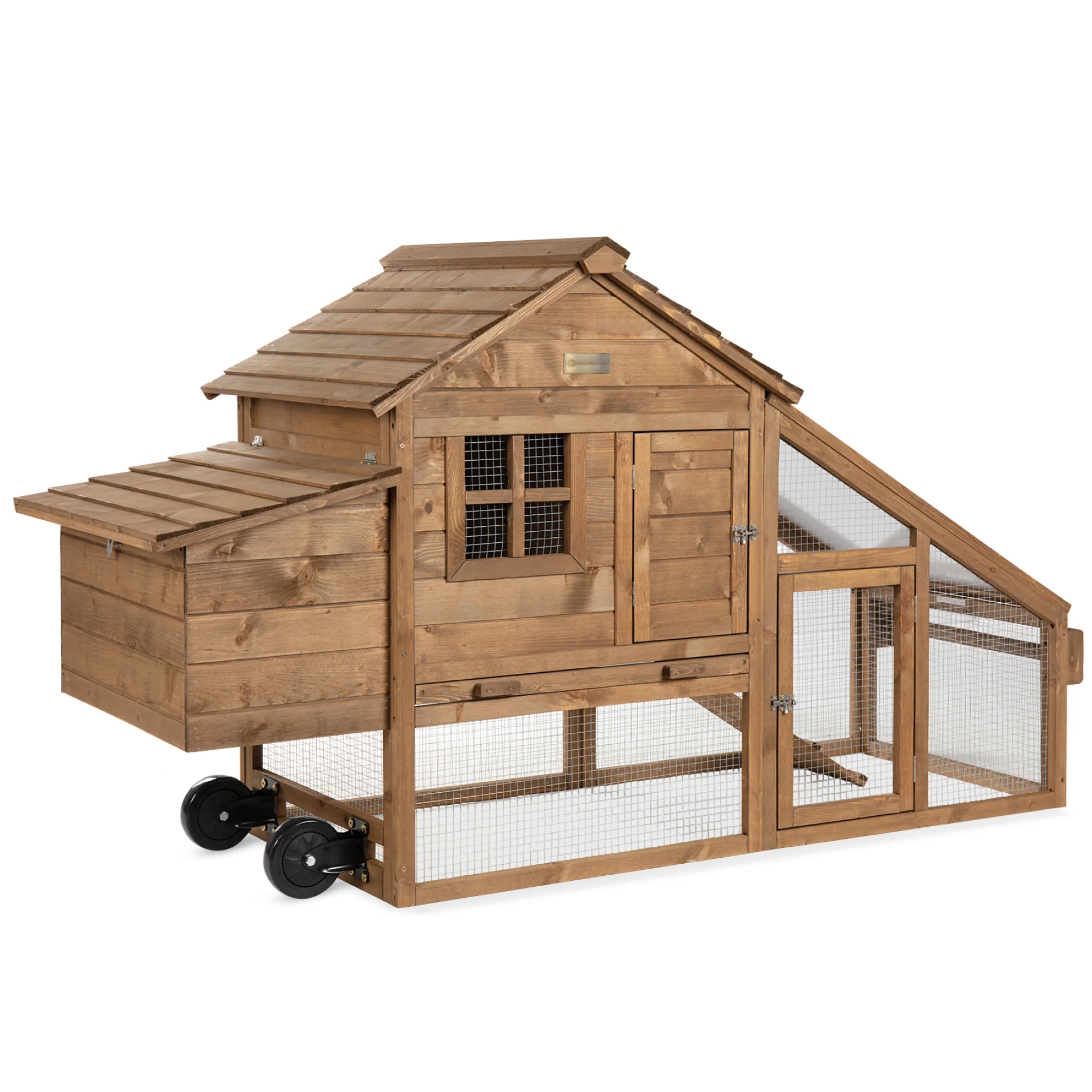 2026 70in Mobile Fir Wood Chicken Coop Tractor Hen House w/ Wheels, 2 Doors, Nest Box, Removable Tray