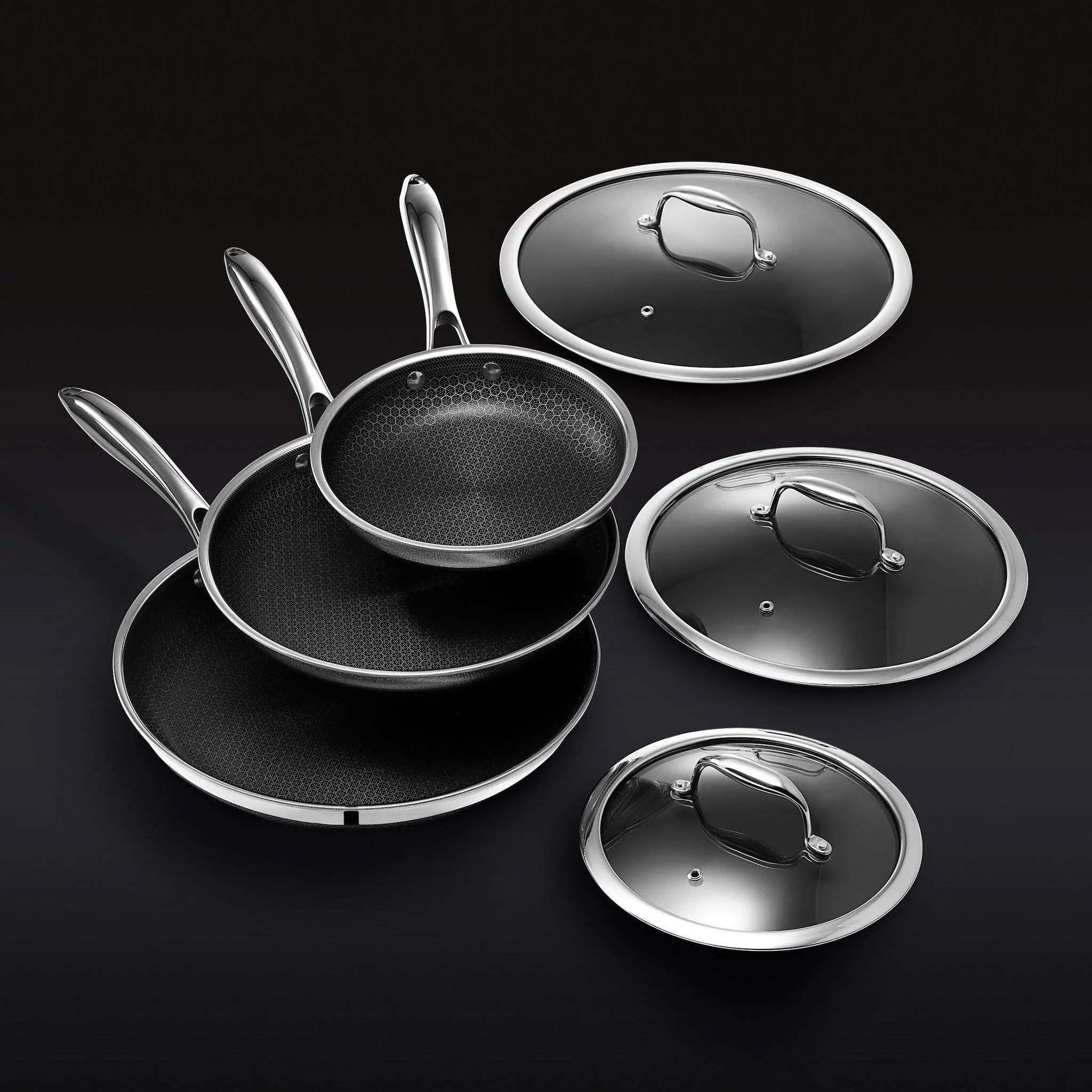2026 HexClad 6 Piece Hybrid Stainless Steel Cookware Pan Set 8 inch, 10 inch, 12 inch with Glass Lids, Size: One size, Black