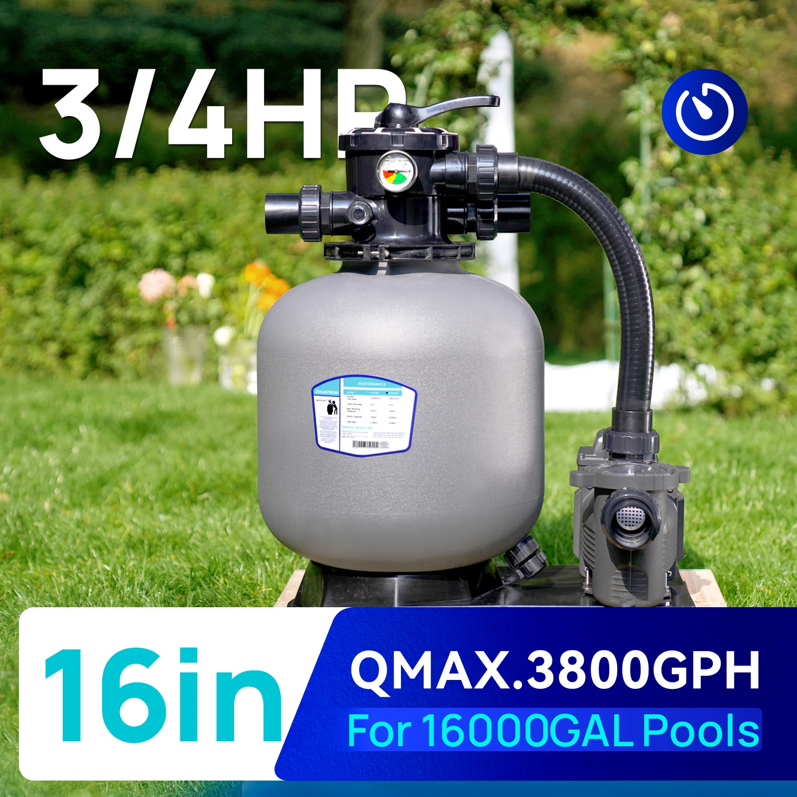 2026 Sand Filter Pumps 115V, 1/2 HP to 3 HP, 12in to 20in, Max 8917GPH for Pools Up to 38000GAL, 6-Way Valve