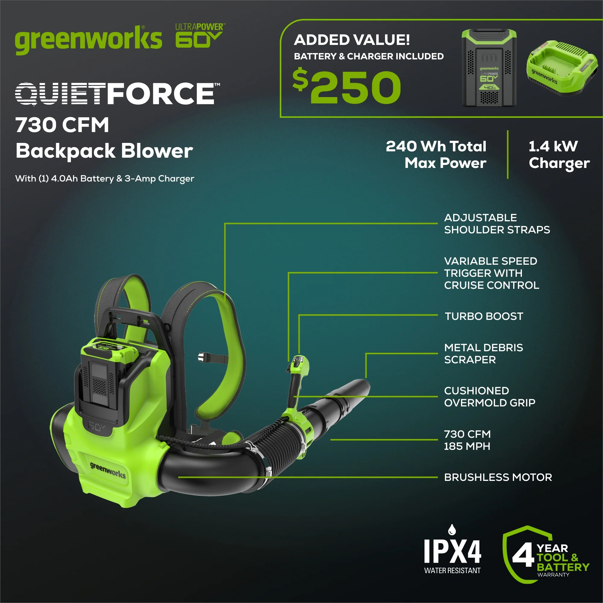 2026 60V 730 CFM Cordless Battery Backpack Blower w/ 4.0Ah Battery & 3A Charger