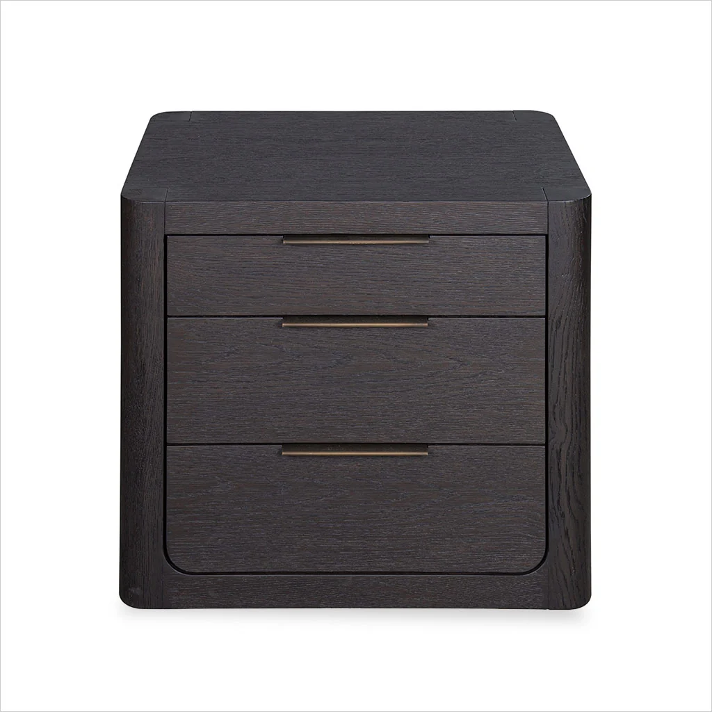 Luna Nightstand – Contemporary Charcoal Stained White Oak with Three Drawers and Bronze Handles