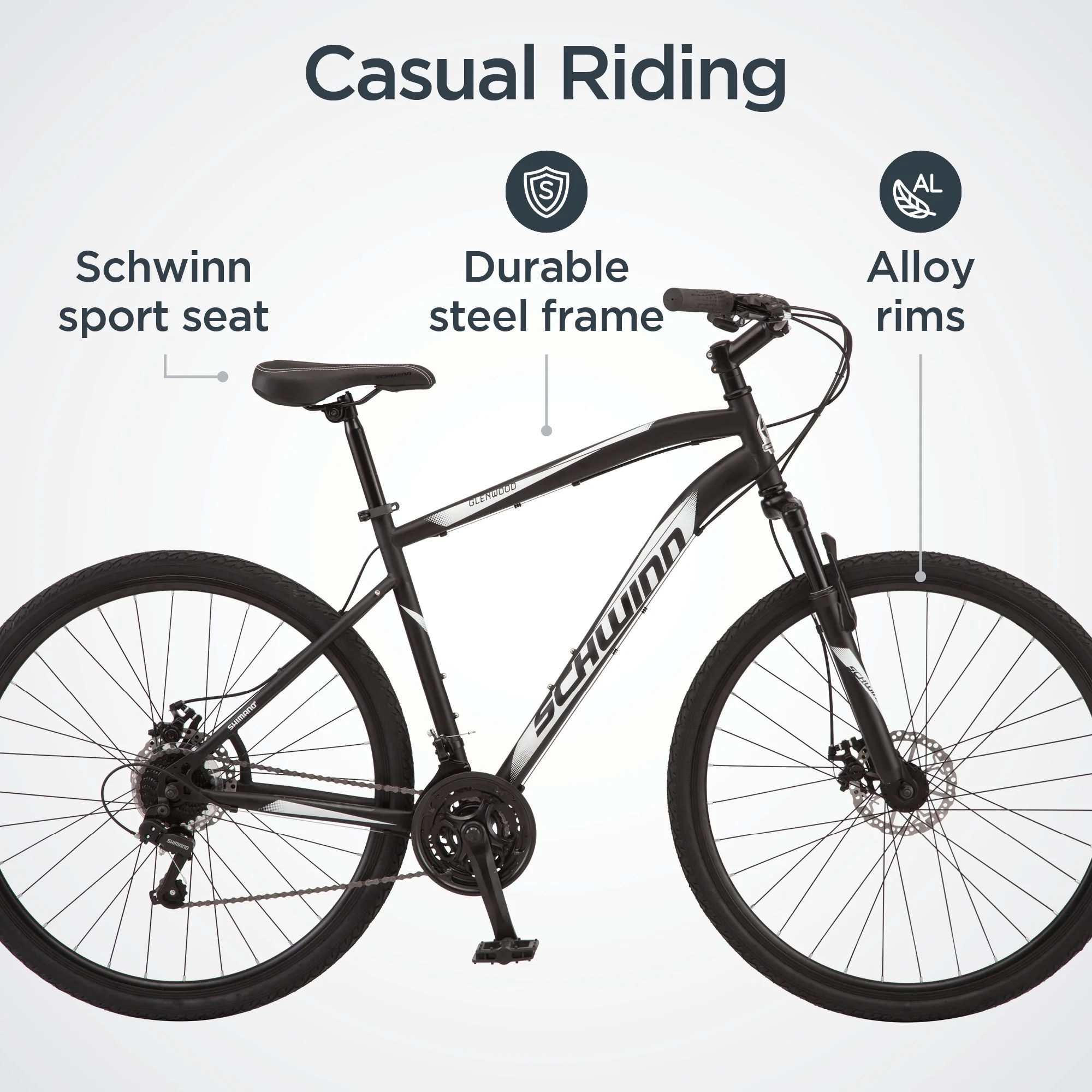 2026 Schwinn 700c Glenwood Mens Hybrid Bike, 21 Speeds, Black