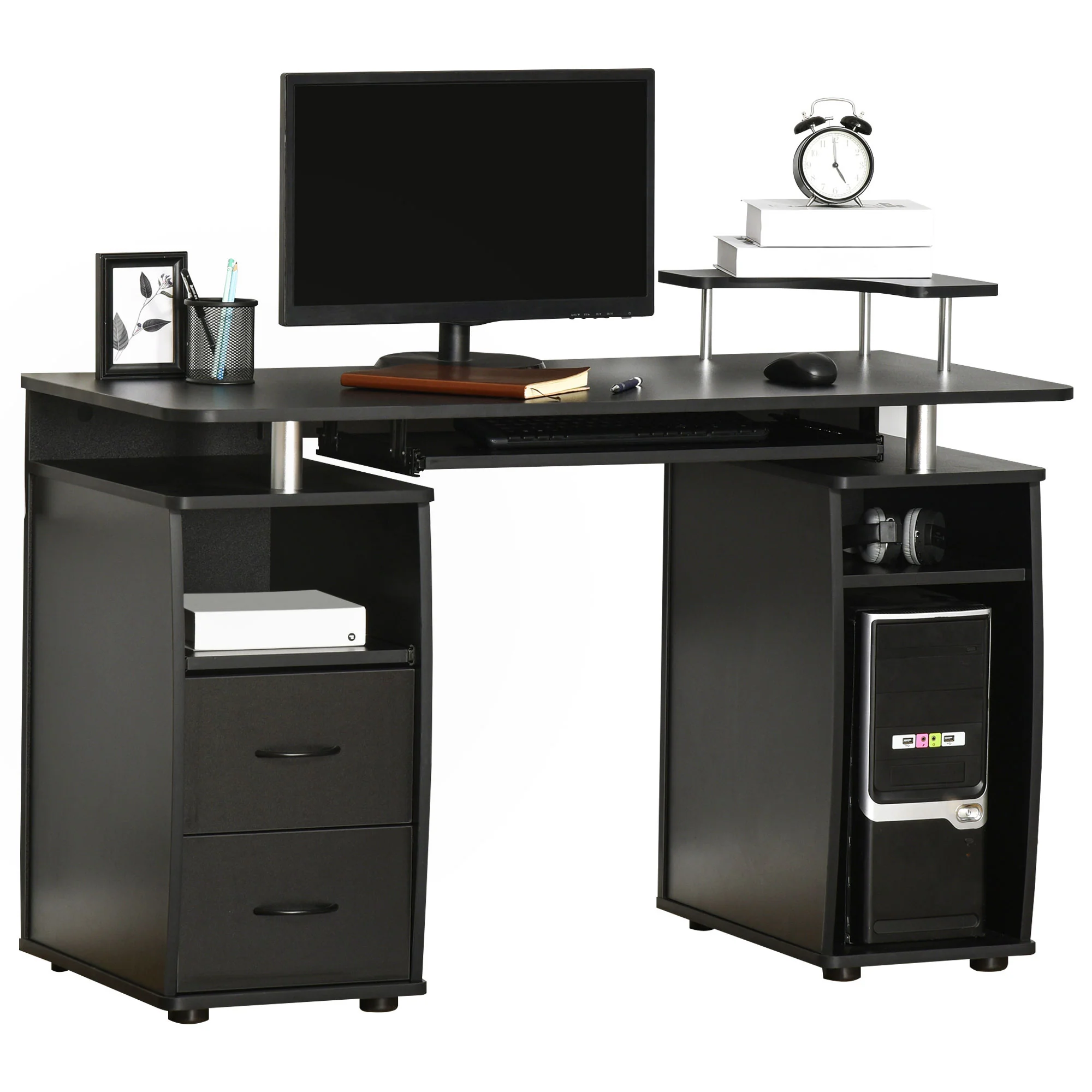 Computer Desk Office PC Table Workstation with Keyboard Tray, Sliding Scanner Shelf, Black