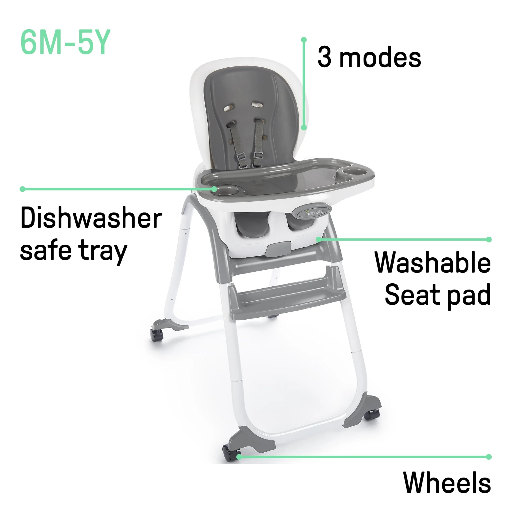 2026 Ingenuity SmartClean Trio Elite 3-in-1 Convertible High Chair, Toddler Chair, and Booster Seat, For Ages 6 Months and Up, Unisex - Slate
