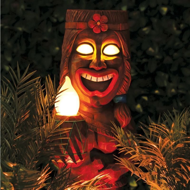 Angry Tiki Couple Guard Solar Powered Outdoor Decor LED Garden Light