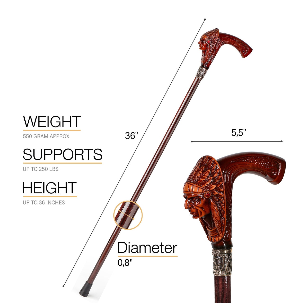 Native American - Indian Chief Wooden walking stick cane