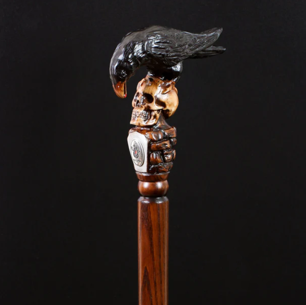 BLACK CROW & SKULL Wooden Walking Stick Goth Style
