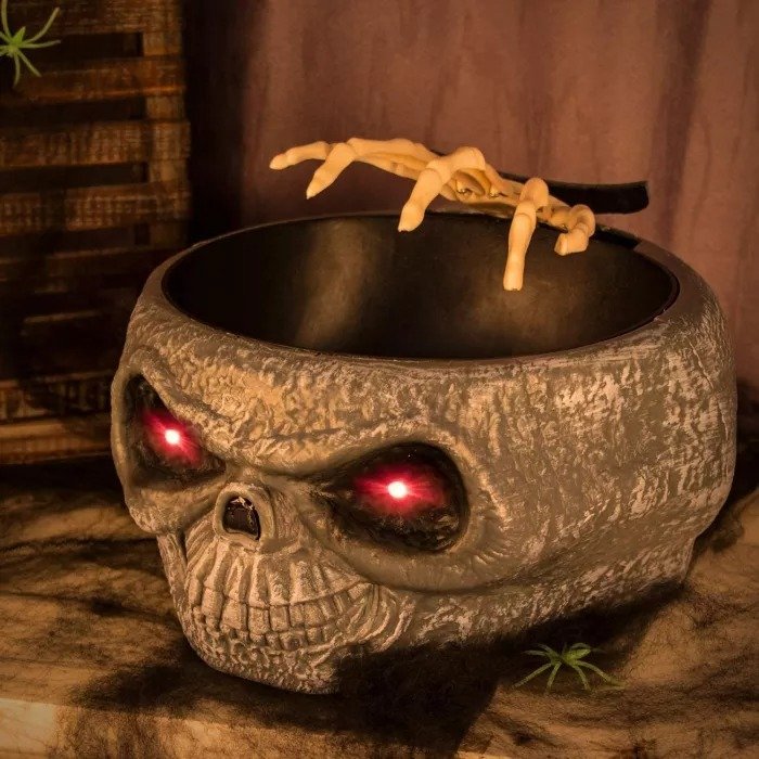 Skull Head Scary Eye Halloween Candy Bowl with Moving Hand