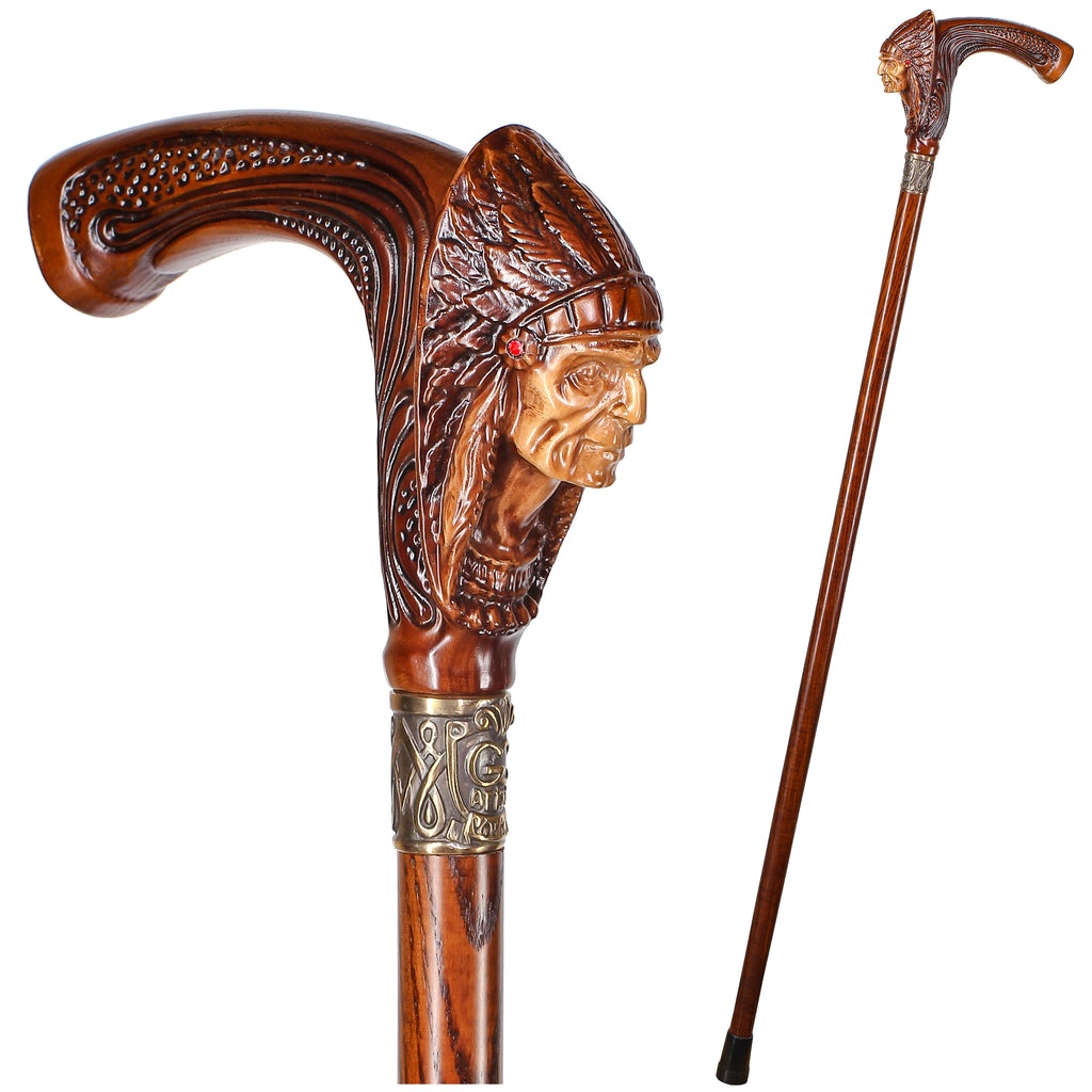 Native American - Indian Chief Wooden walking stick cane