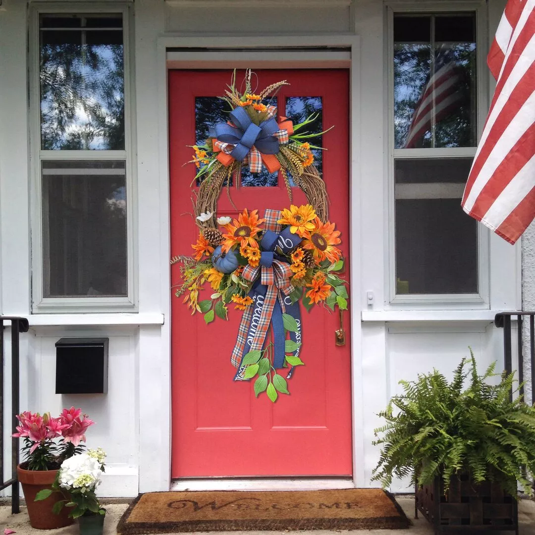 Blue Autumn Pumpkin Swag Fall Door Wreath