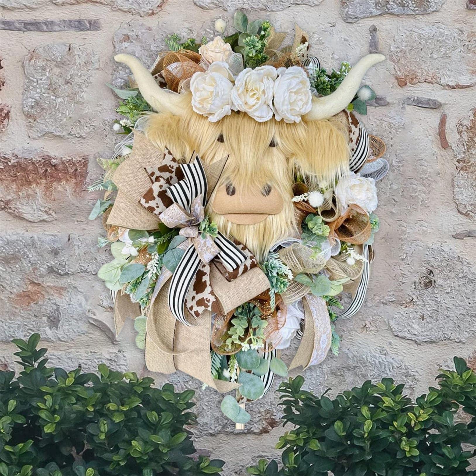 Highland Cow Wreath Pendant Festival Home Spring Decoration Wreath Garden Door Decoration