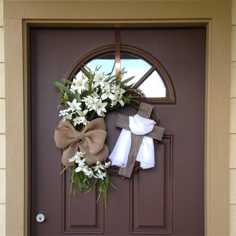 Easter Wreath With Cross Burlap Bow Rustic Grapevine Wreath DIY Easter Front Door Wreath Decoration