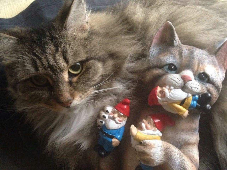 Cat Eating Gnomes Statue