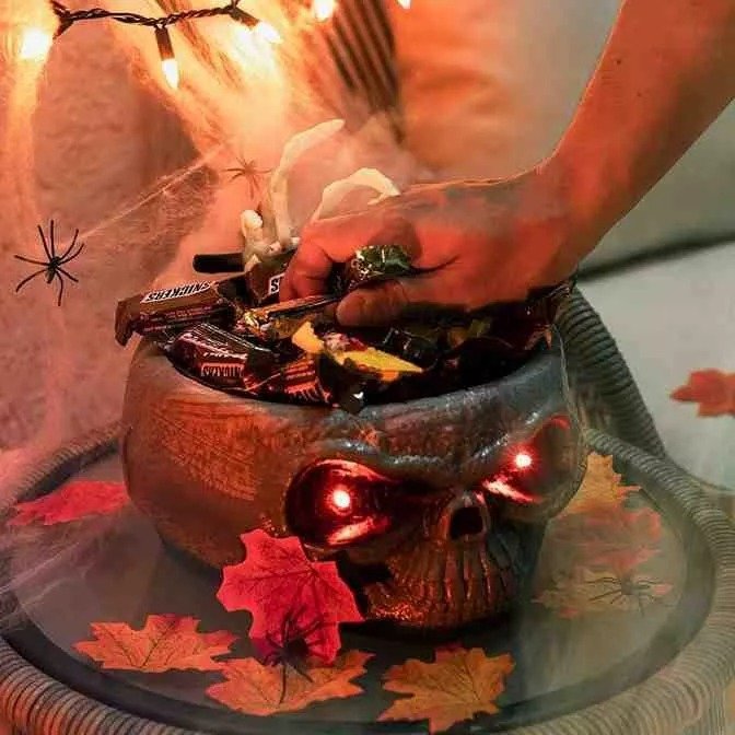 Skull Head Scary Eye Halloween Candy Bowl with Moving Hand