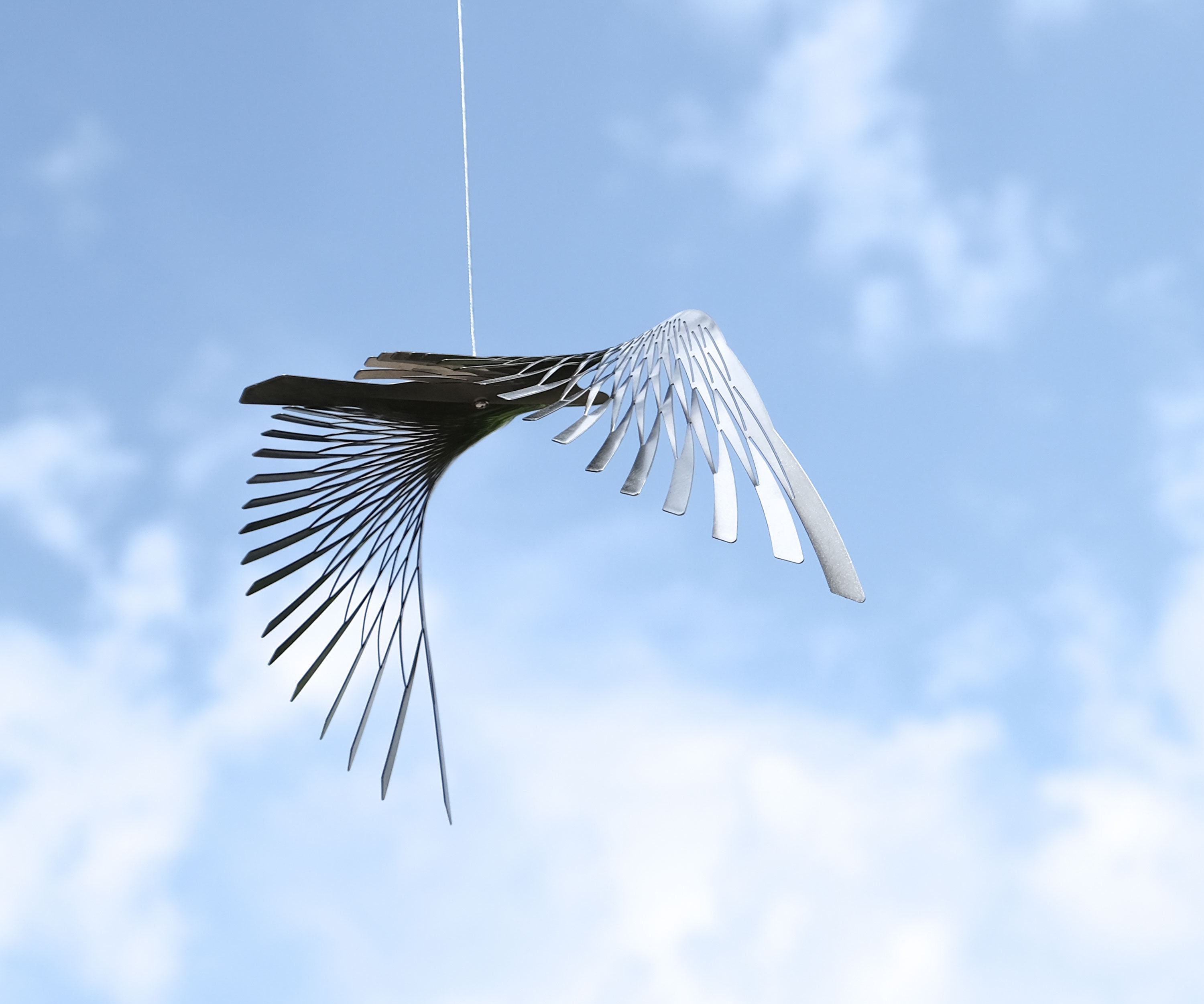 Large bird in flight of stainless steel, kinetic sculpture for bird lover gift, Hanging silver bird