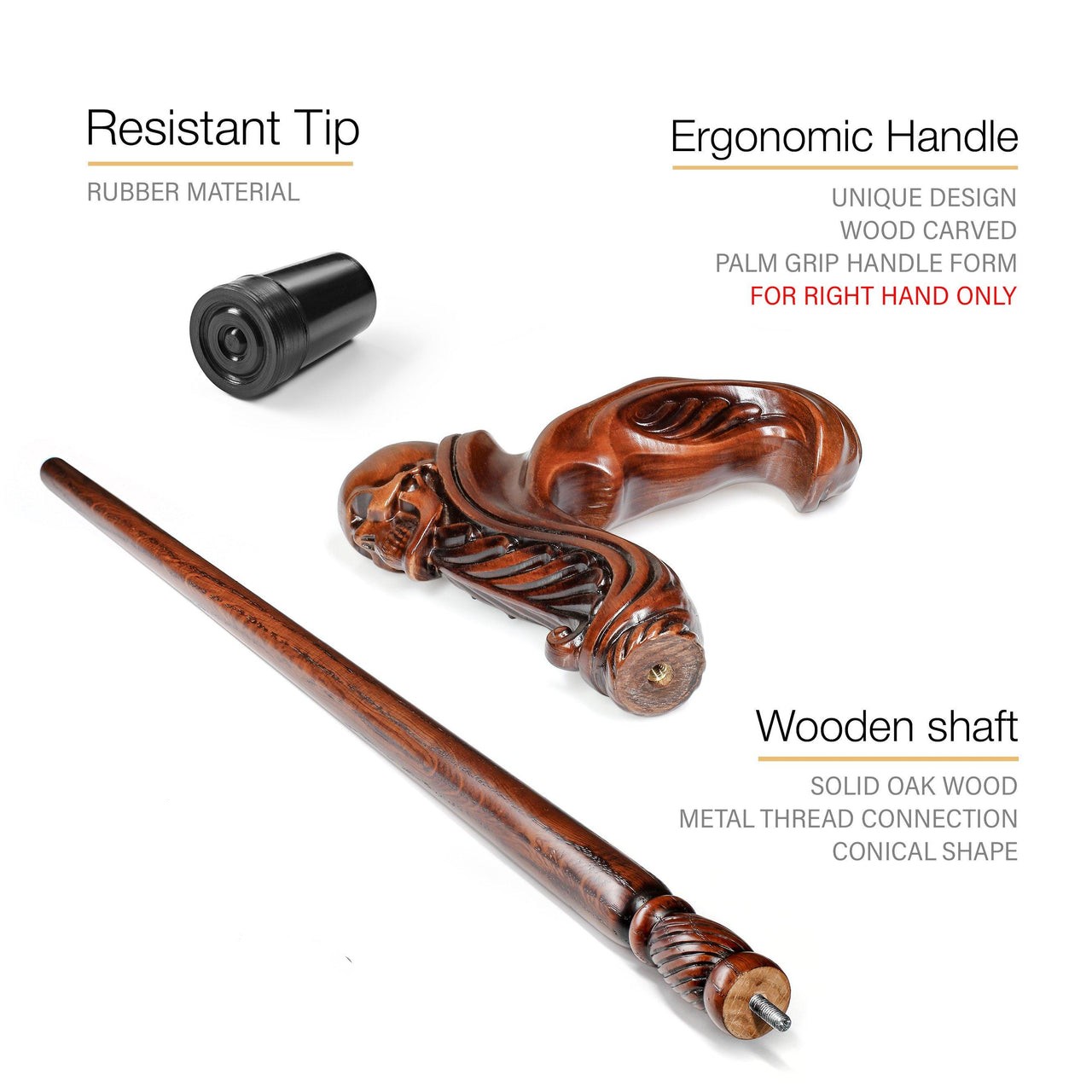 Skull Cane Wooden Walking Stick - Ergonomic Palm Grip Handle