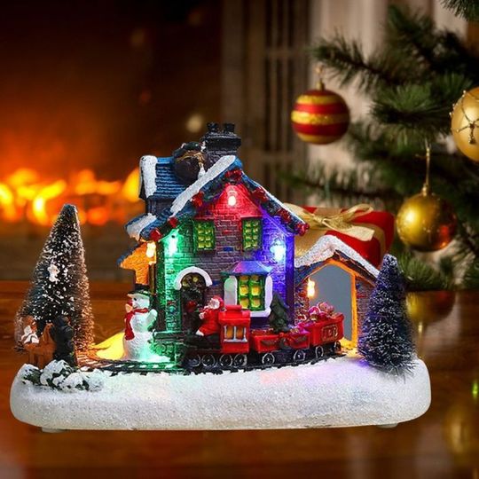 Christmas Snow House Figurines with LED Light Miniature Statue