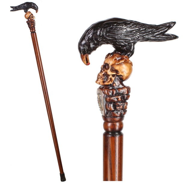 BLACK CROW & SKULL Wooden Walking Stick Goth Style
