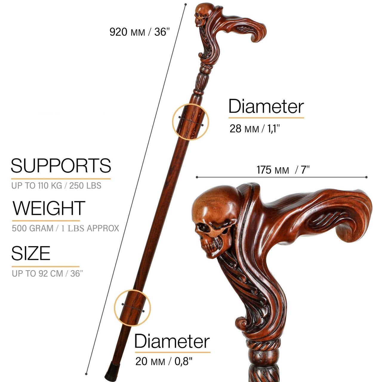 Skull Cane Wooden Walking Stick - Ergonomic Palm Grip Handle