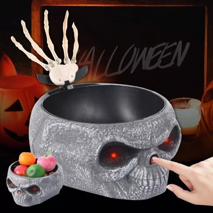 Skull Head Scary Eye Halloween Candy Bowl with Moving Hand