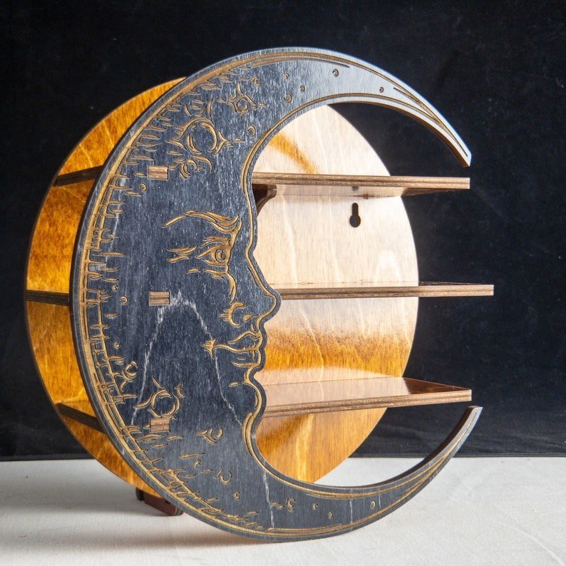 Multi-color Moon Shelf, Crystal Display, Essential Oil Shelf, Wood Hanging Shelf, Moon Decor