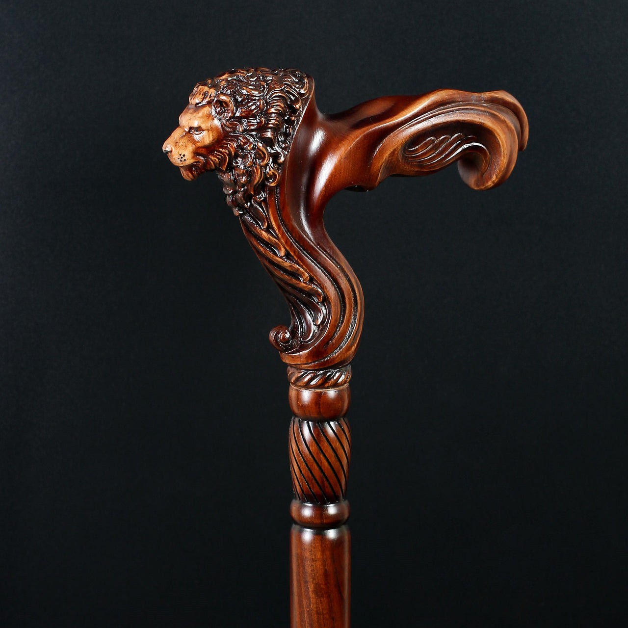 Wooden Walking Stick Cane Lion Head - Palm Grip Ergonomic Handle
