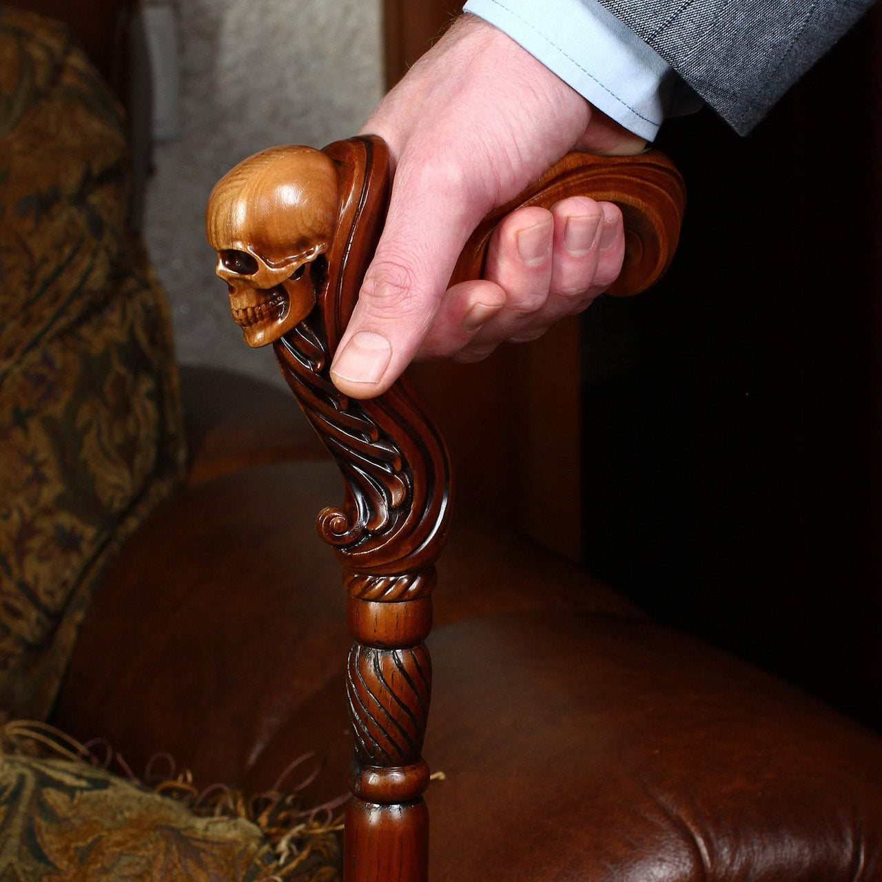 Skull Cane Wooden Walking Stick - Ergonomic Palm Grip Handle