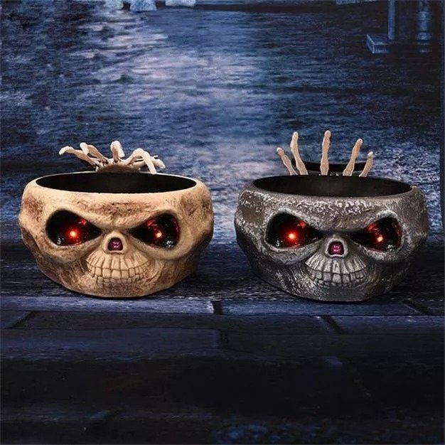 Skull Head Scary Eye Halloween Candy Bowl with Moving Hand