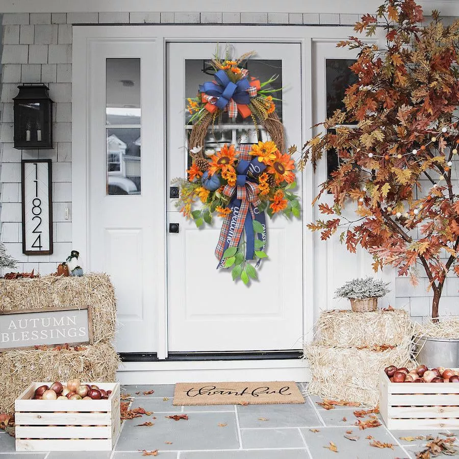 Blue Autumn Pumpkin Swag Fall Door Wreath