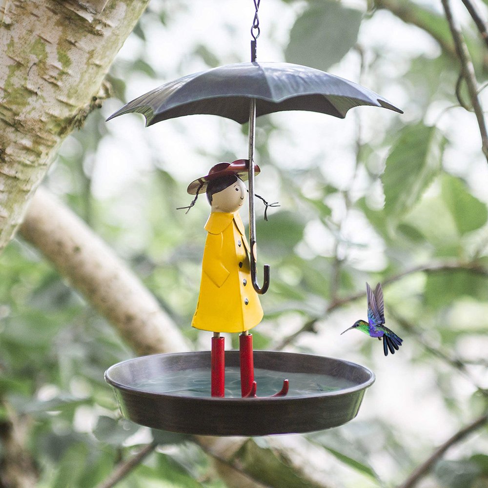 Metal Hanging Chain Girl And Umbrella Bird Feeder