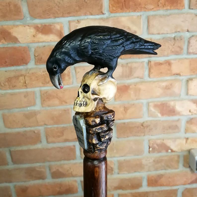BLACK CROW & SKULL Wooden Walking Stick Goth Style