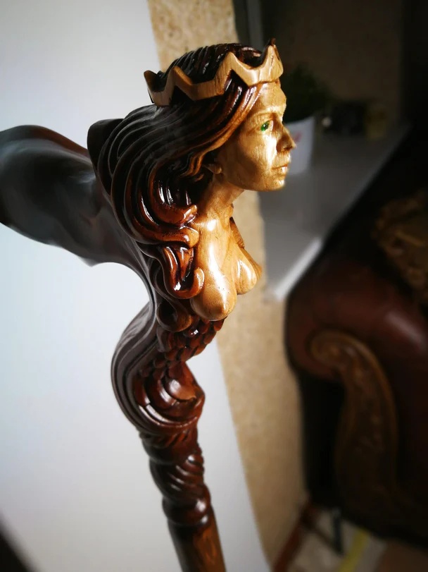 Ergonomic Palm Grip Handle Wooden Walking cane Fantasy Syren