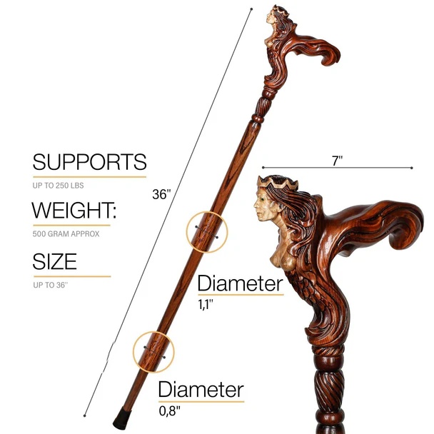 Ergonomic Palm Grip Handle Wooden Walking cane Fantasy Syren
