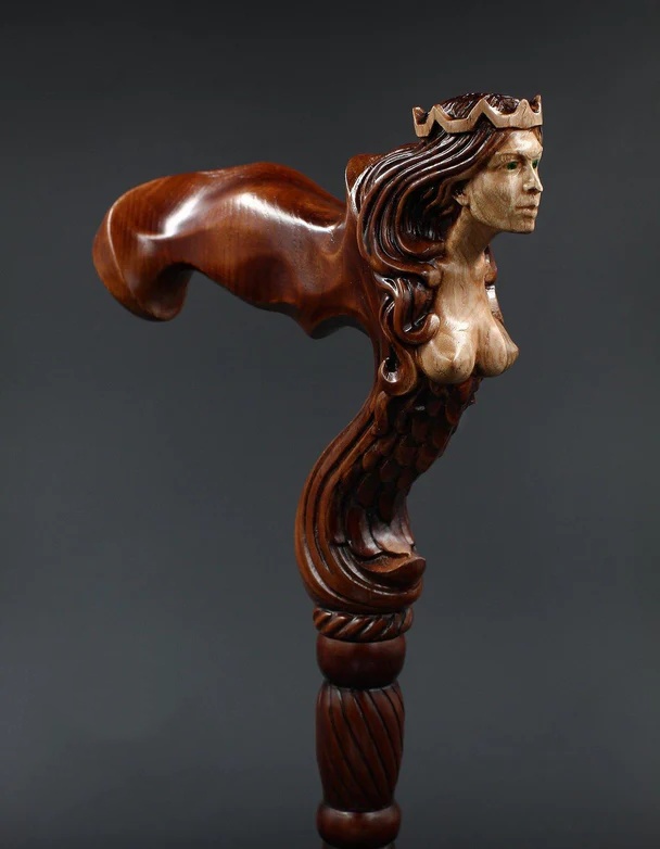 Ergonomic Palm Grip Handle Wooden Walking cane Fantasy Syren